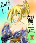  1girl 2019 blonde_hair breasts cleavage dark_magician_girl dated female green_eyes japanese_clothes kimono large_breasts long_hair magical_girl no_bra smile solo thighhighs translation_request yu-gi-oh! yuu-gi-ou yuu-gi-ou_duel_monsters 