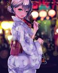  :d anastasia_(idolmaster) ass asymmetrical_hair bag bagged_fish blue_eyes blue_kimono blurry blurry_background blush breasts commentary_request eyelashes fan fish floral_print goldfish hair_ornament hairclip hairpin hand_up highres idolmaster idolmaster_cinderella_girls japanese_clothes kimono looking_at_viewer looking_back medium_breasts open_mouth paper_fan red_sash ryuu. sash short_hair silver_hair smile solo summer_festival tied_hair uchiwa wide_sleeves 