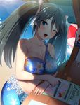  ;d ayagi_daifuku beach bikini blue_bikini blue_eyes blue_hair breasts cleavage collarbone day floral_print isuzu_(kantai_collection) kantai_collection large_breasts long_hair looking_at_viewer navel ocean one_eye_closed open_mouth smile solo stomach sweat swimsuit twintails 
