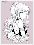  armlet bare_shoulders breasts fire_emblem fire_emblem:_seima_no_kouseki floral_background flower greyscale hanasaki_komugi long_hair looking_at_viewer marica_(fire_emblem) medium_breasts monochrome ponytail sidelocks simple_background solo 