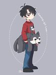  black_hair character_name denim grey_eyes jeans lee_seung-gil male_focus pants ruei_(chicking) stuffed_animal stuffed_dog stuffed_toy sweater yuri!!!_on_ice 