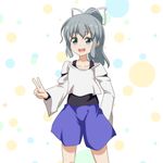  :d adapted_costume baggy_shorts blue_eyes cato_(monocatienus) collarbone commentary_request cowboy_shot grey_hair hair_ribbon long_hair looking_at_viewer mononobe_no_futo open_mouth ponytail ribbon round_teeth shorts simple_background smile solo tank_top teeth touhou v wide_sleeves 