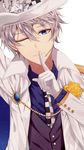  absurdres blue_eyes ensemble_stars! eyebrows_visible_through_hair flower gloves highres junpaku_karen looking_at_viewer male_focus one_eye_closed rose sena_izumi_(ensemble_stars!) smile solo upper_body white_gloves white_hair yellow_flower yellow_rose 