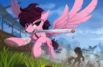  2017 blood cutie_mark day equine fan_character feathered_wings feathers fur grass group holding_object holding_weapon hooves mammal melee_weapon my_little_pony outside pegasus pink_feathers pink_fur sky sword underhoof weapon wings yakovlev-vad 
