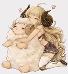  ^_^ ahoge anila_(granblue_fantasy) animal animal_hug bangs bare_arms blonde_hair blue_skirt blunt_bangs blush breasts closed_eyes downscaled_revision draph eyebrows_visible_through_hair full_body granblue_fantasy horns hug kneeling large_breasts long_hair md5_mismatch midriff pleated_skirt resized sandals sheep sheep_horns short_eyebrows silver_background simple_background skirt smile thighhighs upscaled very_long_hair wataichi_meko white_legwear zettai_ryouiki 