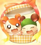  blush brown_fur cappy duo eyes_closed feral fur hamster hamtaro hamtaro_(series) hat huyumikann_(artist) mammal open_mouth orange_fur ribbons rodent whiskers white_fur 