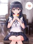  alternate_eye_color black_hair black_sailor_collar black_skirt crepe food food_on_face food_wrapper hair_between_eyes heart holding holding_food kantai_collection long_hair pleated_skirt purple_eyes sailor_collar school_uniform serafuku short_sleeves sitting skirt smile solo speech_bubble spoken_heart tongue tongue_out ushio_(kantai_collection) xenonstriker 