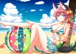 ball beachball bell blue_eyes blush breasts cleavage collarbone crab cup drinking_glass drinking_straw eyebrows_visible_through_hair highres holding holding_cup large_breasts long_hair looking_at_viewer navel original parted_lips red_hair sitting solo tenzeru twintails 