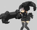  black_rock_shooter brown_eyes commentary_request detached_sleeves flat_chest hood hoodie looking_at_viewer mechanical_arm mechanical_hand mechanical_tail reaching_out shaded_face solo strength_(black_rock_shooter) tail tatsuki3594 thighhighs white_hair 