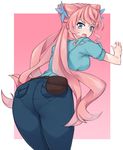  ass belt bent_over blue_eyes blush bra_through_clothes bralines breasts commentary_request debutya_aki denim eyebrows_visible_through_hair from_behind hair_ornament jeans long_hair looking_at_viewer looking_back maria_cadenzavna_eve medium_breasts open_mouth pants pantylines pink_hair pouch s.o.n.g._uniform senki_zesshou_symphogear shiny shiny_hair short_sleeves solo standing sweatdrop uniform very_long_hair 