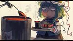  commentary copper cup food green_hair hat koto_inari molten_metal shiki_eiki short_hair skeleton solo_focus soup teacup tongue touhou tray 