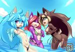  2017 5_fingers anthro big_breasts blue_fur blue_hair breasts brown_fur brown_hair butt clothing cloud colar ear_piercing ear_tuft eyes_closed female fingers fur group hair hand_on_breast hedgehog hi_res mammal navel nipples open_mouth outside piercing purple_eyes purple_fur red_hair simple_background sky small_breasts swimsuit teal_eyes teeth tongue truedevirish tuft unknown_species wardrobe_malfunction water wet white_fur 