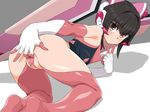  all_fours bare_shoulders black_hair blush breasts butakoma_300g censored closed_mouth covered_nipples elbow_gloves from_behind gloves headgear highres looking_at_viewer looking_back mosaic_censoring pink_eyes pussy senki_zesshou_symphogear shadow small_breasts solo spread_pussy thighhighs tsukuyomi_shirabe twintails 