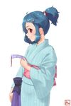  alternate_hairstyle blue_hair blue_kimono commentary_request hair_ornament hairpin holding japanese_clothes kimono kitano_(kitanosnowwhite) long_sleeves obi ponytail profile red_eyes sash simple_background smile solo tanzaku tatara_kogasa touhou umbrella white_background yin_yang yukata 