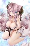  akatsuki_hijiri barefoot bikini black_bikini blue_eyes breasts cleavage cross cross_earrings draph earrings granblue_fantasy hair_ornament hair_over_one_eye hairclip horns jewelry large_breasts long_hair looking_at_viewer narmaya_(granblue_fantasy) pointy_ears purple_hair side-tie_bikini sitting smile solo swimsuit thigh_strap twintails very_long_hair white_bikini 