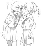  bangs black_rock_shooter blunt_bangs blush commentary_request food_in_mouth greyscale hand_on_another's_shoulder imminent_kiss kuroi_mato lineart monochrome multiple_girls open_mouth school_uniform short_hair sweat takanashi_yomi tatsuki3594 twintails yuri 