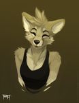  anthro black_nose breasts canine cleavage closed clothed clothing coyote eyebrows eyelashes female mammal simple_background smile solo tongue tongue_out wolfirry 