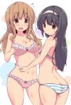  2girls ass black_hair blush bra breasts brown_eyes brown_hair butt_crack cameltoe cleavage collarbone eyebrows_visible_through_hair girls_und_panzer groin hair_ornament hairband large_breasts multiple_girls navel open_mouth panties pinching pink_bra pink_panties reizei_mako simple_background small_breasts striped striped_bra striped_panties takebe_saori tom_q_(tomtoq) underwear underwear_only wavy_mouth white_background 