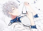  chemical_structure clipboard closed_eyes ensemble_stars! eyebrows_visible_through_hair from_side glasses junpaku_karen male_focus semi-rimless_eyewear sena_izumi_(ensemble_stars!) solo stethoscope syringe upper_body white_hair 