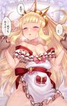  apron blonde_hair blush breasts cagliostro_(granblue_fantasy) collarbone commentary crown gold_trim granblue_fantasy interlocked_fingers long_hair looking_at_viewer lying naked_apron on_back on_bed parted_lips pillow purple_eyes reference_work small_breasts solo_focus strap_slip sweat translated yapo_(croquis_side) 