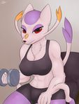  2017 anthro breasts cleavage clothed clothing cooliehigh female fur mammal mienshao muscular muscular_female mustelid nintendo pok&eacute;mon pok&eacute;morph red_eyes sitting solo video_games weights 
