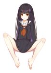  bangs bare_legs barefoot black_hair black_serafuku black_skirt blunt_bangs blush enma_ai feet flan_(seeyouflan) full_body highres hime_cut jigoku_shoujo long_hair long_sleeves plantar_flexion pleated_skirt red_eyes school_uniform serafuku sitting skirt soles solo spread_legs toes 