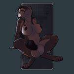  2017 animal_genitalia animal_penis anthro aolun_(character) areola balls big_balls black_nipples black_penis breasts crouching dickgirl digitigrade equine_penis erection feline intersex mammal nipples nude p-sebae_(artist) penis saber-toothed_cat simple_background solo stripes yellow_eyes 