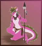  2017 anthro border clothed clothing countershading diandre dragon feathers fur furred_dragon gradient_background green_hair grey_feathers hair horn jewelry loincloth melee_weapon necklace pink_fur polearm red_eyes simple_background sootsprite spear tongue weapon white_countershading 