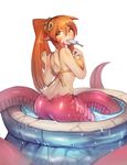  absurdres ass back bare_shoulders bikini_top blush commission dimples_of_venus eyebrows_visible_through_hair food food_in_mouth from_behind hair_between_eyes hair_ornament hair_scrunchie hairclip highres jewelry lamia long_hair looking_at_viewer looking_back miia_(monster_musume) monster_girl monster_musume_no_iru_nichijou mouth_hold orange_hair pointy_ears ponytail popsicle ring scales scrunchie shoulder_blades simple_background sitting solo sookmo wading_pool water wedding_band white_background yellow_bikini_top yellow_eyes 