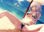  ahoge artoria_pendragon_(all) artoria_pendragon_(swimsuit_archer) bangs beach bikini black_bikini blonde_hair blue_sky blush breasts closed_mouth commentary_request day fate/apocrypha fate/grand_order fate/stay_night fate_(series) frown horizon jeanne_d'arc_(alter)_(fate) jeanne_d'arc_(fate)_(all) kawanakajima looking_at_viewer medium_breasts mordred_(fate) mordred_(fate)_(all) mordred_(swimsuit_rider)_(fate) multiple_girls navel ocean open_clothes open_shirt outdoors prydwen saber sand see-through shirt short_hair silver_hair sitting sky solo_focus spread_legs stomach sunlight sweat swimsuit water_gun wet wet_clothes wet_shirt yellow_eyes 