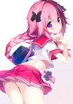  ass astolfo_(fate) back blush braid chikuwa. commentary_request fate/apocrypha fate/grand_order fate_(series) hair_ribbon long_hair looking_at_viewer looking_back male_focus midriff open_mouth otoko_no_ko pink_eyes pink_hair purple_eyes red_sailor_collar red_skirt ribbon sailor_collar school_uniform serafuku simple_background single_braid skirt smile solo white_background 