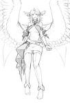  angel angel_wings belt breasts cape collar feathers feet flying frills greyscale hair_ornament highres large_breasts less looking_at_viewer miniskirt monochrome navel pointy_ears skirt solo underboob wings 