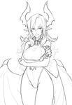  bat_wings breasts crossed_arms demon_girl greyscale highres horns large_breasts leotard less long_hair looking_at_viewer monochrome pointy_ears smile wavy_hair white_background wings 