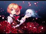  ascot blonde_hair blurry chiyu_(kumataro0x0) depth_of_field flower hair_ribbon highres holding holding_skull letterboxed long_sleeves looking_at_viewer parted_lips petals red_eyes red_neckwear red_ribbon ribbon rumia shirt short_hair skirt skirt_set skull smile solo spider_lily standing touhou vest white_shirt 