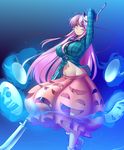  arm_up blue_background breasts bubble_skirt commentary fox_mask gradient gradient_background hata_no_kokoro hater_(hatater) highres large_breasts long_hair long_sleeves looking_at_viewer mask mask_on_head midriff naginata navel noh_mask oni_mask pink_eyes pink_hair plaid plaid_shirt polearm shirt simple_background skirt solo tengu_mask touhou weapon 