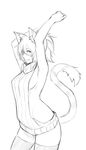  animal_ears arms_up breasts cat_ears cat_girl cat_tail dress from_side greyscale hands_above_head highres less looking_at_viewer medium_breasts meme_attire monochrome naked_sweater no_bra sideboob smile solo stretch sweater sweater_dress tail thighhighs virgin_killer_sweater 