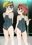  2girls bare_arms bare_legs black_hair blush chain-link_fence child female fence from_behind goggles goggles_on_head kindandowa kono_shima,_okashii._2.00 looking_at_another multiple_girls one-piece_swimsuit open_mouth original profile standing swimsuit 