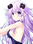  adult_neptune blush breasts closed_mouth cowboy_shot d-pad d-pad_hair_ornament dress hair_ornament iwasi-r long_hair looking_at_viewer looking_back medium_breasts neptune_(series) no_bra purple_eyes purple_hair revision shin_jigen_game_neptune_vii shiny shiny_hair shiny_skin sideboob simple_background solo very_long_hair white_background 