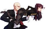  1boy 1girl agent_47 aiming bald black_dress black_gloves black_jacket black_legwear black_pants braid breasts collared_shirt commentary covering covering_crotch crossover dress embarrassed expressionless formal from_side girls_frontline gloves hair_ribbon hand_on_another's_stomach highres hitman_(game) jacket long_hair long_sleeves medium_breasts narynn necktie one_side_up open_mouth pants pantyhose purple_hair red_eyes red_neckwear red_ribbon ribbon shirt simple_background suit tears thighband_pantyhose too_literal twintails unconventional_gun wa2000_(girls_frontline) white_background white_shirt you're_doing_it_wrong 