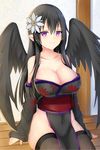  alternate_costume black_hair black_legwear black_wings breasts chixiao cleavage covered_navel flower hair_flower hair_ornament highres japanese_clothes large_breasts long_hair looking_at_viewer pelvic_curtain persephone_(p&amp;d) pointy_ears purple_eyes puzzle_&amp;_dragons sitting smile solo thighhighs wide_sleeves wings 