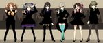  ;d absurdres aqua_legwear aqua_shirt black_hair black_legwear blue_shirt breasts cane double_v drill_hair flower formal full_body garter_straps ghost_in_the_shell_lineup green_eyes green_shirt hair_flower hair_ornament hair_ribbon hand_on_hip hand_on_own_face heterochromia high_heels highres holding_arm idolmaster idolmaster_cinderella_girls iwasaki_takashi kanzaki_ranko large_breasts long_hair looking_at_viewer multiple_girls necktie one_eye_closed open_mouth orange_hair orange_shirt outstretched_hand pantyhose pink_shirt purple_shirt red_eyes ribbon shibuya_rin shimamura_uzuki shiomi_shuuko shirt silver_hair smile suit takagaki_kaede thighhighs totoki_airi trait_connection twin_drills twintails v 