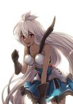  blush breasts brown_gloves collarbone dark_skin eyebrows_visible_through_hair gloves granblue_fantasy highres large_breasts long_hair looking_at_viewer luse_maonang open_mouth red_eyes smile solo teeth white_hair zooey_(granblue_fantasy) 
