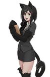  :d animal_ears black_fur black_hair cat_ears cat_girl cat_tail cowboy_shot fur green_eyes hair_ornament hairclip highres less long_hair looking_at_viewer miniskirt monster_girl office_lady open_mouth paws side_ponytail simple_background skirt smile solo tail white_background 