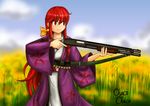  absurdres artist_name bow chacochaco commentary_request field flower flower_field gun hair_bow highres japanese_clothes kimono kotohime obi red_eyes red_hair remington_870 sash shotgun shotgun_shells smile touhou touhou_(pc-98) weapon wide_sleeves 