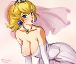  bare_shoulders bent_over blonde_hair blue_eyes breasts bridal_veil choker cleavage dress earrings elbow_gloves eyelashes gloves jewelry large_breasts lips lipstick makeup mario_(series) mina_cream off-shoulder_dress off_shoulder princess_peach solo super_mario_bros. super_mario_odyssey tiara veil wedding_dress white_dress white_gloves 