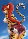  2017 anthro breasts cheetah clothed clothing feline female green_eyes hair looking_back mammal nipples red_hair shorts smile solo spots topless violavirus 
