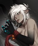  bell black_sclera bound bound_wrists breasts bright_pupils claws collarbone demon_girl facial_scar highres horns jingle_bell less looking_at_viewer lying on_floor pointy_ears scar scar_on_cheek solo white_hair white_pupils 