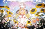  amaoto_kaeru bear_charm blonde_hair blue_eyes blue_sky broom bunny cloud dress error flower from_below glasses halo horns long_hair md5_mismatch open_mouth original pointy_ears sky snake sunflower white_dress white_legwear 