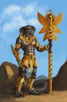  abs anthro athletic blekarotva claws cobra golden_armour king looking_at_viewer male reptile royalty scalie snake solo staff standing symbolism 
