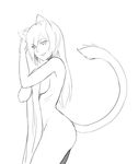  :d animal_ears blanket breasts covering covering_breasts from_side greyscale hand_on_own_chest highres less lion_ears lion_tail medium_breasts monochrome open_mouth ribs sideboob smile solo tail 